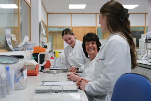 Three people in a lab